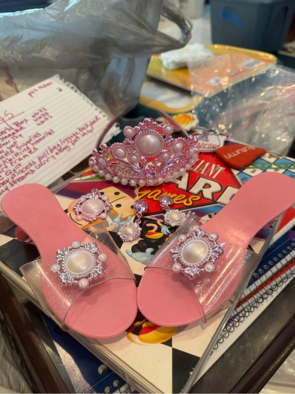 Girls Pink Jewel Slide Sandals with Tiara Set